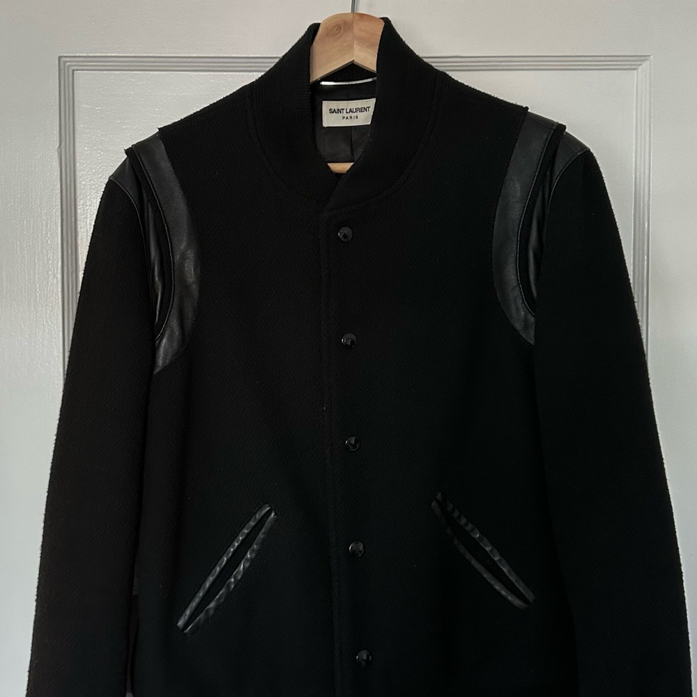 Saint Laurent Paris Black Wool Varsity Jacket with Leather Trim